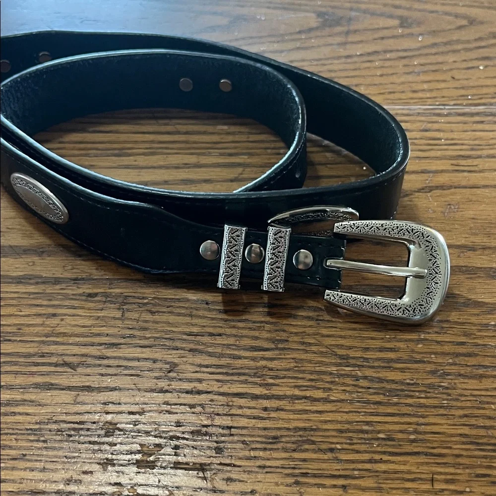 Leather black belt with double buckle silver hardware
